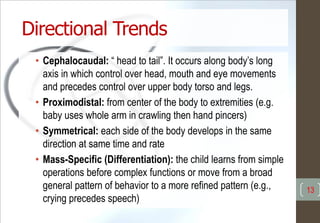 Directional Trends
• Cephalocaudal: “ head to tail”. It occurs along body’s long
axis in which control over head, mouth and eye movements
and precedes control over upper body torso and legs.
• Proximodistal: from center of the body to extremities (e.g.
baby uses whole arm in crawling then hand pincers)
• Symmetrical: each side of the body develops in the same
direction at same time and rate
• Mass-Specific (Differentiation): the child learns from simple
operations before complex functions or move from a broad
general pattern of behavior to a more refined pattern (e.g.,
crying precedes speech)
13
 