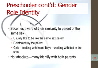 Preschooler cont’d: Gender
Role Identity
• Becomes aware of their similarity to parent of the
same sex
• Usually like to be like the same sex parent
• Reinforced by the parent
• Girls—cooking with mom; Boys—working with dad in the
shop
• Not absolute—many identify with both parents 31
 