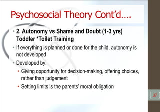 Psychosocial Theory Cont’d….
• 2. Autonomy vs Shame and Doubt (1-3 yrs)
Toddler *Toilet Training
• If everything is planned or done for the child, autonomy is
not developed
• Developed by:
• Giving opportunity for decision-making, offering choices,
rather than judgement
• Setting limits is the parents’ moral obligation
37
 