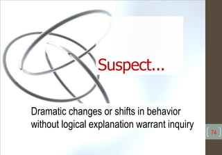 Suspect...
Dramatic changes or shifts in behavior
without logical explanation warrant inquiry
74
 