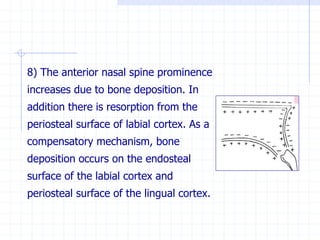 8) The anterior nasal spine prominence
increases due to bone deposition. In
addition there is resorption from the
periosteal surface of labial cortex. As a
compensatory mechanism, bone
deposition occurs on the endosteal
surface of the labial cortex and
periosteal surface of the lingual cortex.
 