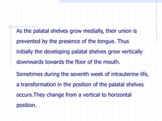 As the palatal shelves grow medially, their union is
prevented by the presence of the tongue. Thus
initially the developing palatal shelves grow vertically
downwards towards the floor of the mouth.
Sometimes during the seventh week of intrauterine life,
a transformation in the position of the palatal shelves
occurs.They change from a vertical to horizontal
position.
 