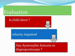 Evaluation
Is Is child short ?
child short ?
velocity impaired
Any dysmorphic features or
disproportionate ?
 