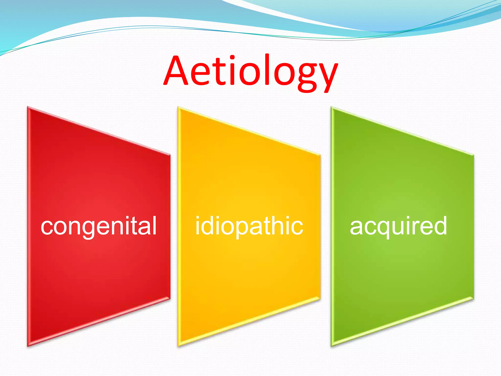 Aetiology 
congenital idiopathic acquired 
 