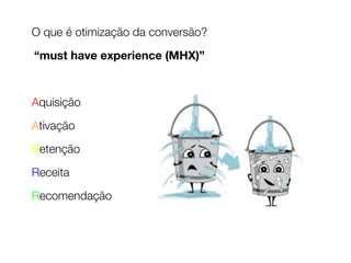 O que é otimização da conversão? 
“must have experience (MHX)” 
Aquisição 
Ativação 
Retenção 
Receita 
Recomendação
 