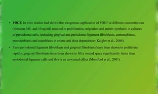 • PDGF, In vitro studies had shown that exogenous application of PDGF at different concentrations
(between 0,01 and 10 ng/ml) resulted in proliferation, migration and matrix synthesis in cultures
of periodontal cells, including gingival and periodontal ligament fibroblasts, cementoblasts,
preosteoblasts and osteoblasts in a time and dose dependence (Kaigler et al., 2006).
• Even periodontal ligament fibroblasts and gingival fibroblasts have been shown to proliferate
rapidly, gingival fibroblasts have been shown to fill a wound space significantly faster than
periodontal ligament cells and this is an unwanted effect (Mumford et al., 2001).
 
