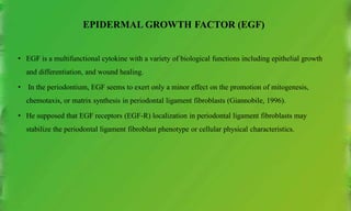 EPIDERMAL GROWTH FACTOR (EGF)
• EGF is a multifunctional cytokine with a variety of biological functions including epithelial growth
and differentiation, and wound healing.
• In the periodontium, EGF seems to exert only a minor effect on the promotion of mitogenesis,
chemotaxis, or matrix synthesis in periodontal ligament fibroblasts (Giannobile, 1996).
• He supposed that EGF receptors (EGF-R) localization in periodontal ligament fibroblasts may
stabilize the periodontal ligament fibroblast phenotype or cellular physical characteristics.
 