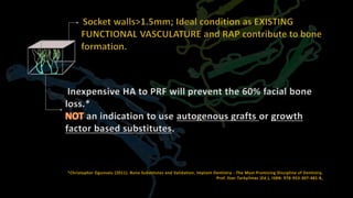 Inexpensive HA to PRF will prevent the 60% facial bone
loss.*
an indication to use autogenous grafts or growth
factor based substitutes.
*Christopher Ogunsalu (2011). Bone Substitutes and Validation, Implant Dentistry - The Most Promising Discipline of Dentistry,
Prof. Ilser Turkyilmaz (Ed.), ISBN: 978-953-307-481-8,
 