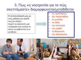 3. Πως «η νοοτροπία για το πώς
σκεπτόμαστε» διαμορφώνεται/μεταδίδεται;
• τις προκλήσεις
• την προσπάθεια
• τα εμπόδια
• τα λάθη
• την αποτυχία
• τον μόχθο
• τη δέσμευση
• την αξιολόγηση
Η αλληλεπίδρασή μας με
τους μαθητές/τα παιδιά
τους/τα οδηγεί
συχνά να αποκτούν μια
νοοτροπία που τελικά τα
κάνει να φοβούνται ή το
αντίθετο:
 