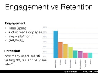 Engagement vs Retention
@ammineni #500STRONG
Engagement
• Time Spent
• # of screens or pages
• avg visits/month
• DAU/MAU
Retention
how many users are still
visiting 30, 60, and 90 days
later?
 
