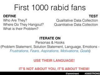 First 1000 rabid fans
ITERATE ON
Personas & Hooks
(Problem Statement, Solution Statement, Language, Emotions -
Frustrations, Fears, Aspirations, Motivations, Goals)
@ammineni #500STRONG
DEFINE
Who Are They?
Where Do They Hangout?
What is their Problem?
TEST
Qualitative Data Collection
Quantitative Data Collection
USE THEIR LANGUAGE!
IT’S NOT ABOUT YOU, IT’S ABOUT THEM!
 