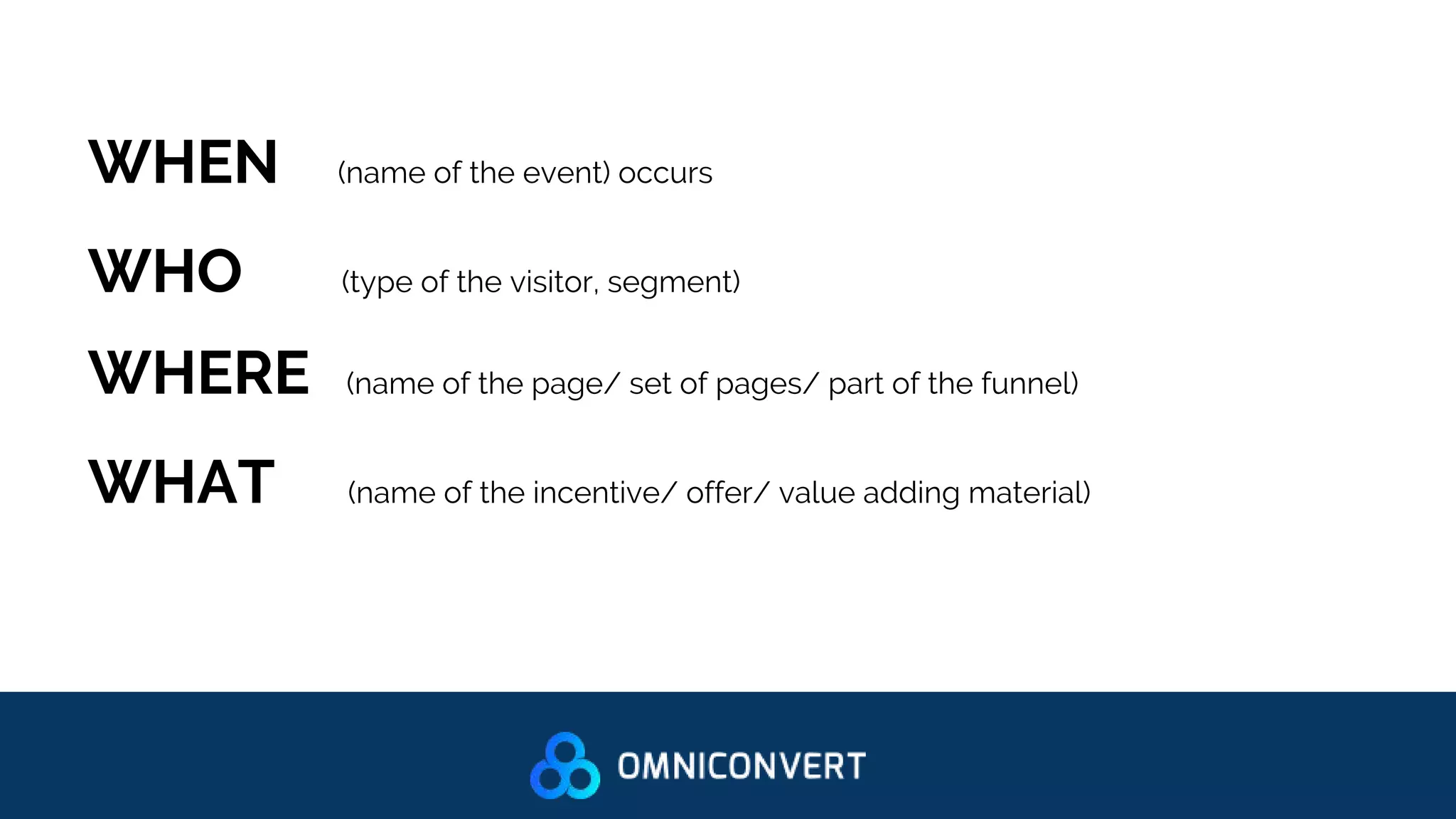 WHEN (name of the event) occurs
WHO (type of the visitor, segment)
WHERE (name of the page/ set of pages/ part of the funnel)
WHAT (name of the incentive/ offer/ value adding material)
 