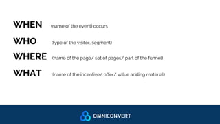 WHEN (name of the event) occurs
WHO (type of the visitor, segment)
WHERE (name of the page/ set of pages/ part of the funnel)
WHAT (name of the incentive/ offer/ value adding material)
 