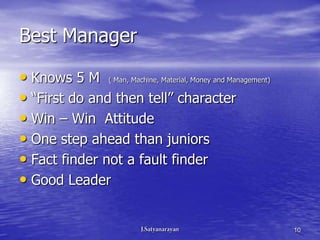 Best Manager

• Knows 5 M ( Man, Machine, Material, Money and Management)
• “First do and then tell” character
• Win – Win Attitude
• One step ahead than juniors
• Fact finder not a fault finder
• Good Leader

                                                              10
 