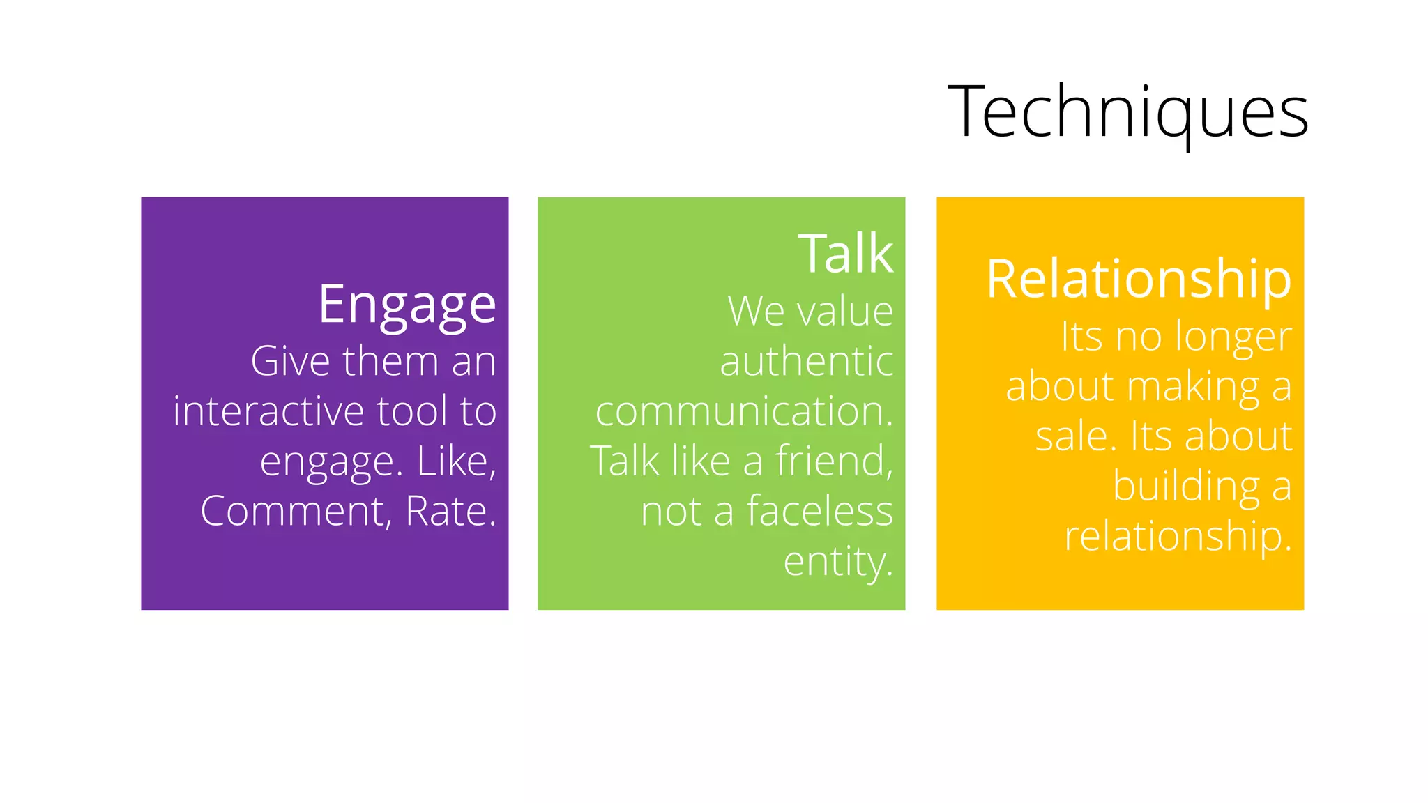 Techniques
Engage
Give them an
interactive tool to
engage. Like,
Comment, Rate.
Talk
We value
authentic
communication.
Talk like a friend,
not a faceless
entity.
Relationship
Its no longer
about making a
sale. Its about
building a
relationship.
 