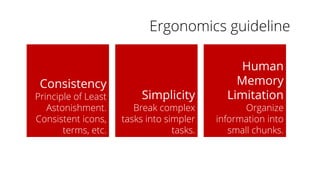 Ergonomics guideline
Consistency
Principle of Least
Astonishment.
Consistent icons,
terms, etc.
Simplicity
Break complex
tasks into simpler
tasks.
Human
Memory
Limitation
Organize
information into
small chunks.
 
