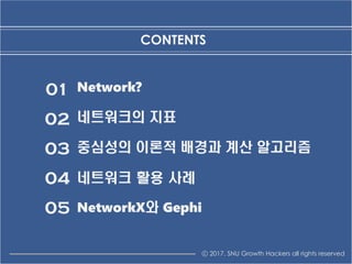 ⓒ 2017. SNU Growth Hackers all rights reserved
CONTENTS
01 Network?
02 네트워크의 지표
03
네트워크 활용 사례04
중심성의 이론적 배경과 계산 알고리즘
05 Ne...