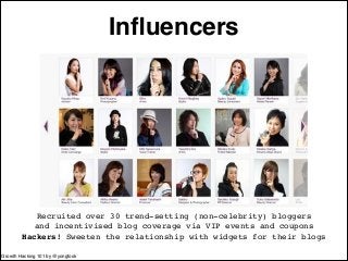 Influencers 
Recruited over 30 trend-setting (non-celebrity) bloggers! 
and incentivised blog coverage via VIP events and ...