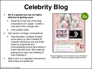 Celebrity Blog 
• Bit of a gamble but can be highly 
effective at getting users! 
• Depends on the size of the blog 
ecosy...