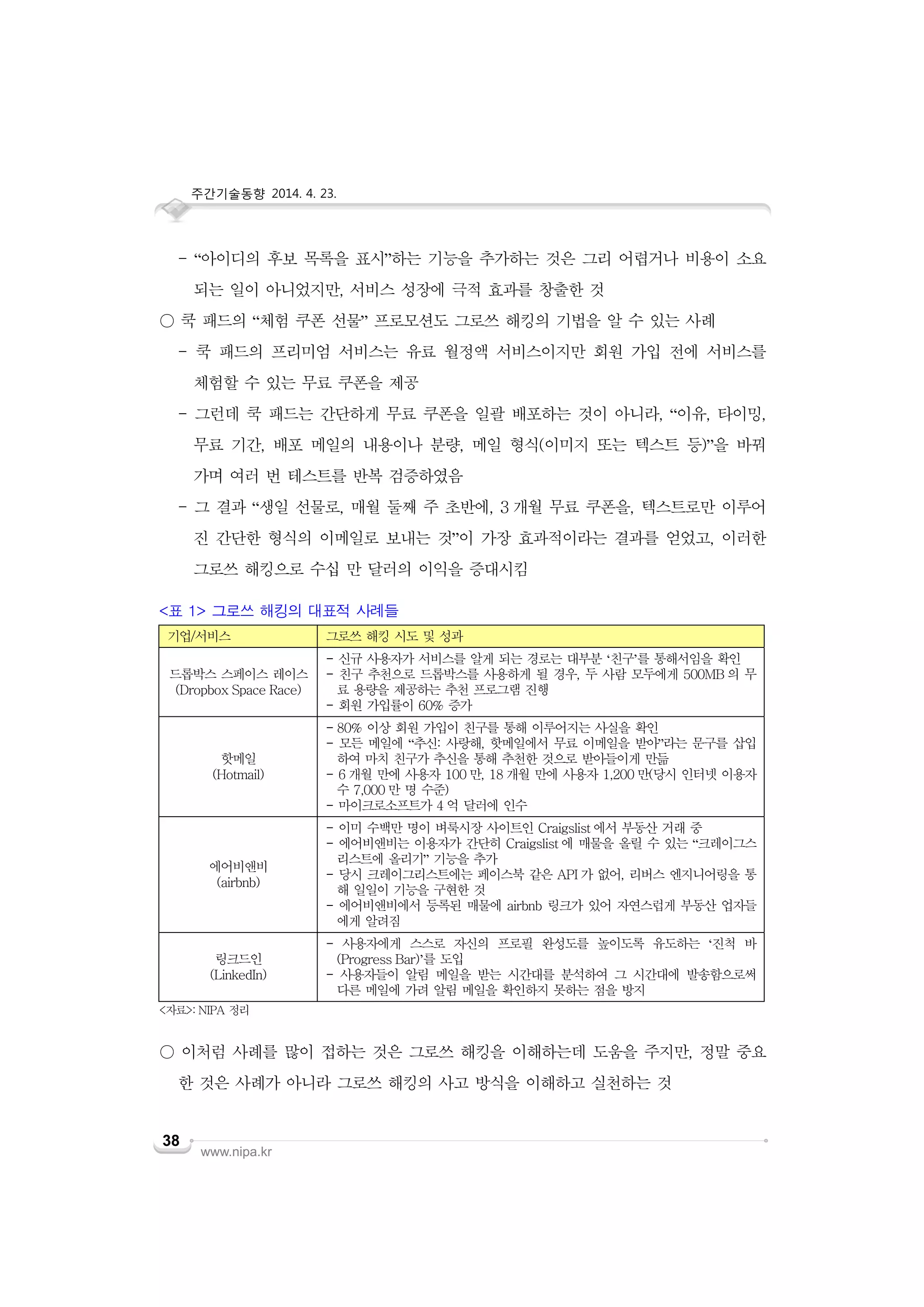주간기술동향 2014. 4. 23.
www.nipa.kr
38
- “아이디의 후보 목록을 표시”하는 기능을 추가하는 것은 그리 어렵거나 비용이 소요
되는 일이 아니었지만, 서비스 성장에 극적 효과를 창출한 것
○ 쿡 패드의 “체험 쿠폰 선물” 프로모션도 그로쓰 해킹의 기법을 알 수 있는 사례
- 쿡 패드의 프리미엄 서비스는 유료 월정액 서비스이지만 회원 가입 전에 서비스를
체험할 수 있는 무료 쿠폰을 제공
- 그런데 쿡 패드는 간단하게 무료 쿠폰을 일괄 배포하는 것이 아니라, “이유, 타이밍,
무료 기간, 배포 메일의 내용이나 분량, 메일 형식(이미지 또는 텍스트 등)”을 바꿔
가며 여러 번 테스트를 반복 검증하였음
- 그 결과 “생일 선물로, 매월 둘째 주 초반에, 3 개월 무료 쿠폰을, 텍스트로만 이루어
진 간단한 형식의 이메일로 보내는 것”이 가장 효과적이라는 결과를 얻었고, 이러한
그로쓰 해킹으로 수십 만 달러의 이익을 증대시킴
<표 1> 그로쓰 해킹의 대표적 사례들
기업/서비스 그로쓰 해킹 시도 및 성과
드롭박스 스페이스 레이스
(Dropbox Space Race)
- 신규 사용자가 서비스를 알게 되는 경로는 대부분 ‘친구’를 통해서임을 확인
- 친구 추천으로 드롭박스를 사용하게 될 경우, 두 사람 모두에게 500MB 의 무
료 용량을 제공하는 추천 프로그램 진행
- 회원 가입률이 60% 증가
핫메일
(Hotmail)
- 80% 이상 회원 가입이 친구를 통해 이루어지는 사실을 확인
- 모든 메일에 “추신: 사랑해, 핫메일에서 무료 이메일을 받아”라는 문구를 삽입
하여 마치 친구가 추신을 통해 추천한 것으로 받아들이게 만듦
- 6 개월 만에 사용자 100 만, 18 개월 만에 사용자 1,200 만(당시 인터넷 이용자
수 7,000 만 명 수준)
- 마이크로소프트가 4 억 달러에 인수
에어비앤비
(airbnb)
- 이미 수백만 명이 벼룩시장 사이트인 Craigslist 에서 부동산 거래 중
- 에어비앤비는 이용자가 간단히 Craigslist 에 매물을 올릴 수 있는 “크레이그스
리스트에 올리기” 기능을 추가
- 당시 크레이그리스트에는 페이스북 같은 API 가 없어, 리버스 엔지니어링을 통
해 일일이 기능을 구현한 것
- 에어비앤비에서 등록된 매물에 airbnb 링크가 있어 자연스럽게 부동산 업자들
에게 알려짐
링크드인
(LinkedIn)
- 사용자에게 스스로 자신의 프로필 완성도를 높이도록 유도하는 ‘진척 바
(Progress Bar)’를 도입
- 사용자들이 알림 메일을 받는 시간대를 분석하여 그 시간대에 발송함으로써
다른 메일에 가려 알림 메일을 확인하지 못하는 점을 방지
<자료>: NIPA 정리
○ 이처럼 사례를 많이 접하는 것은 그로쓰 해킹을 이해하는데 도움을 주지만, 정말 중요
한 것은 사례가 아니라 그로쓰 해킹의 사고 방식을 이해하고 실천하는 것
 
