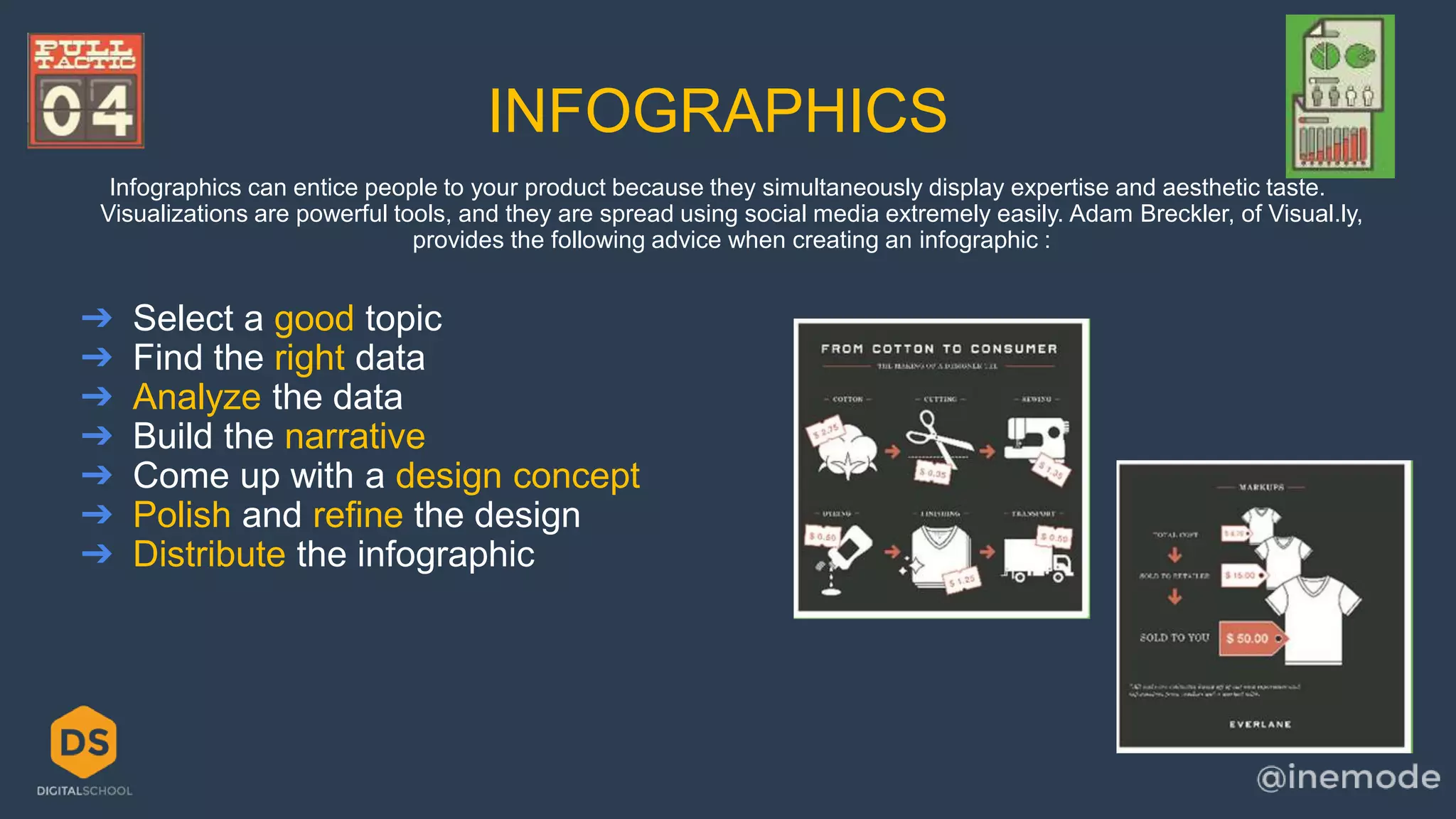 INFOGRAPHICS 
Infographics can entice people to your product because they simultaneously display expertise and aesthetic taste. 
Visualizations are powerful tools, and they are spread using social media extremely easily. Adam Breckler, of Visual.ly, 
provides the following advice when creating an infographic : 
➔ Select a good topic 
➔ Find the right data 
➔ Analyze the data 
➔ Build the narrative 
➔ Come up with a design concept 
➔ Polish and refine the design 
➔ Distribute the infographic 
 