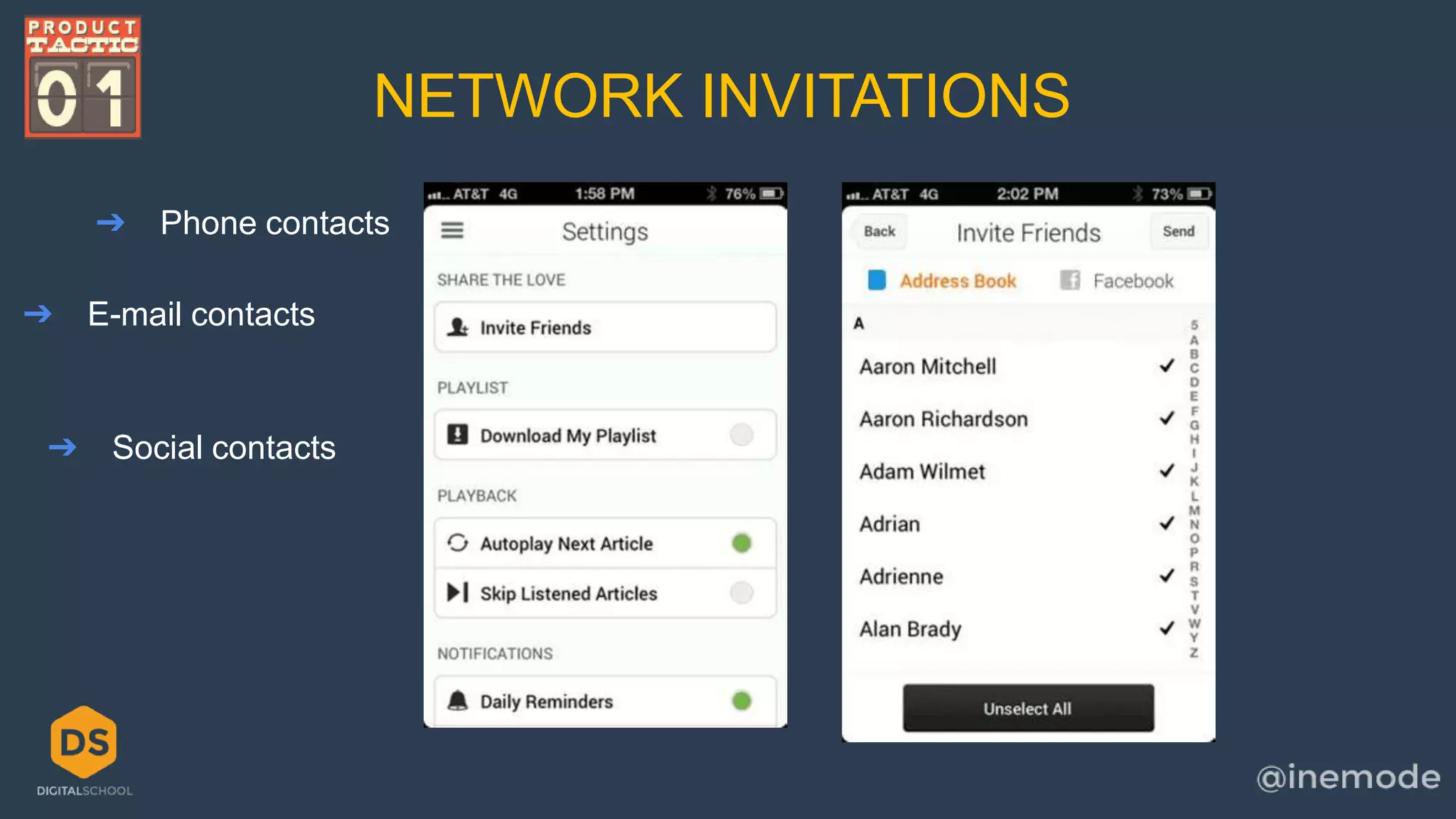 NETWORK INVITATIONS 
➔ Phone contacts 
➔ E-mail contacts 
➔ Social contacts 
 