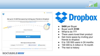 ● $400 per Buyer 
● Buyer worth $100 
● What to do ??? 
● There users loved their product 
● Get more space by inviting your 
friends to dropbox 
● 0 to 100 000 users in 24 months 
● 100 000 to 4 million in 15 month 
● The rest is history 
 