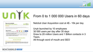 From 0 to 1 000 000 Users in 60 days 
• Unyk launched by 10 employees 
• 30 000 users per day after 30 days 
• Grew to 20 million Users and 1 Billion contacts in 3 
Years. 
• All through word of mouth and SEO 
 
