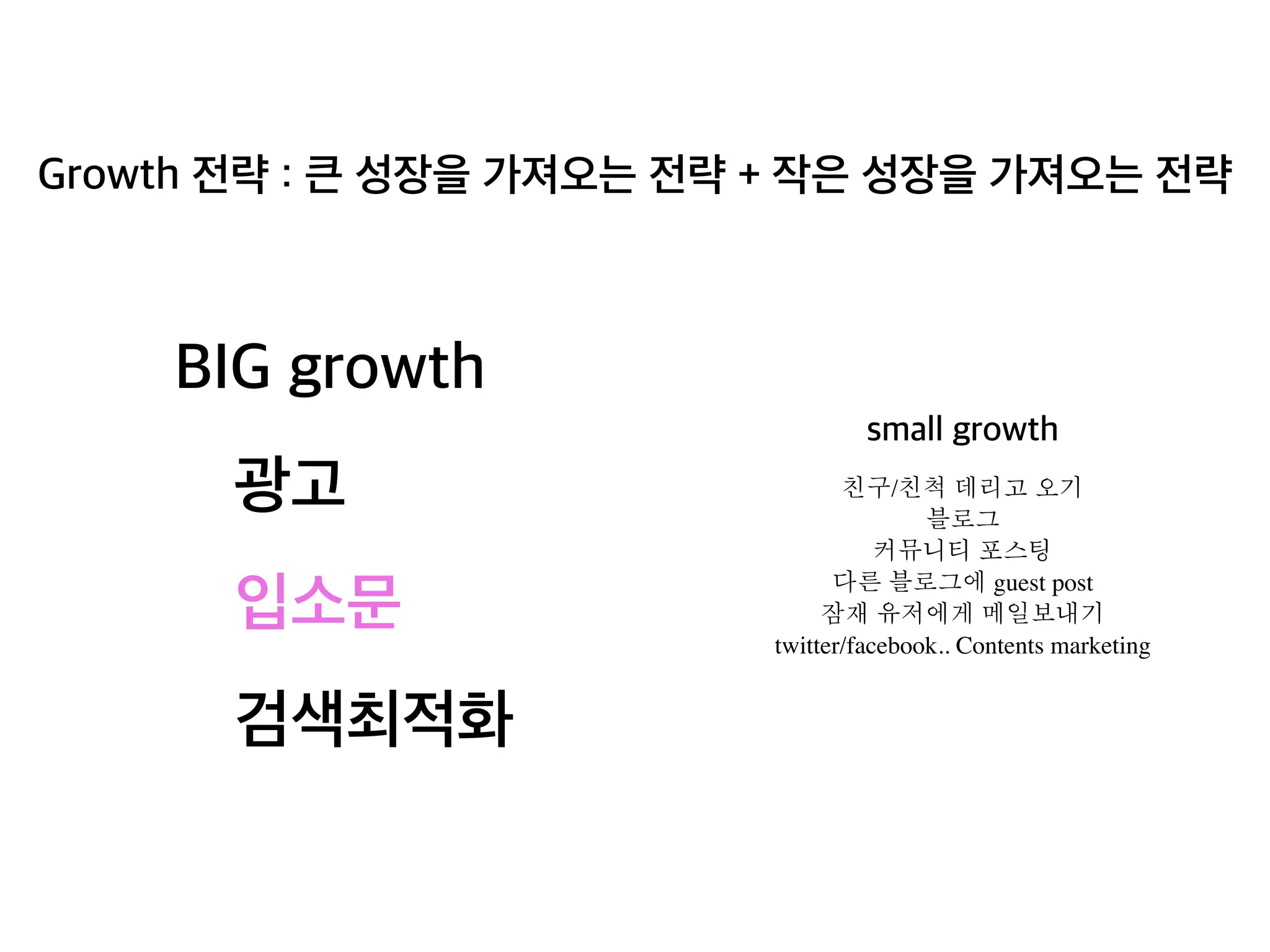 Growth 전략 : 큰 성장을 가져오는 전략 + 작은 성장을 가져오는 전략 
BIG growth 
광고 
입소문 
검색최적화 
small growth 
친구/친척 데리고 오기 
블로그 
커뮤니티 포스팅 
다른 블로그에 guest post 
잠재 유저에게 메일보내기 
twitter/facebook.. Contents marketing 
 