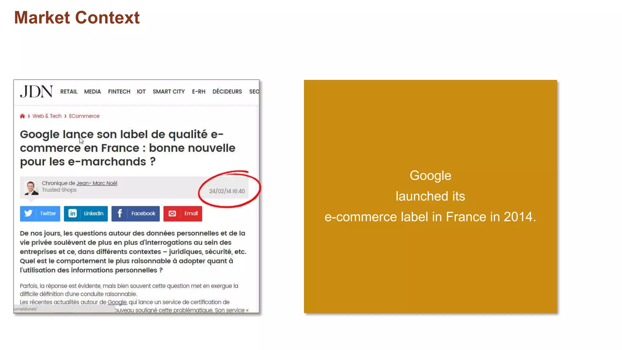 Market Context
Google
launched its
e-commerce label in France in 2014.
 