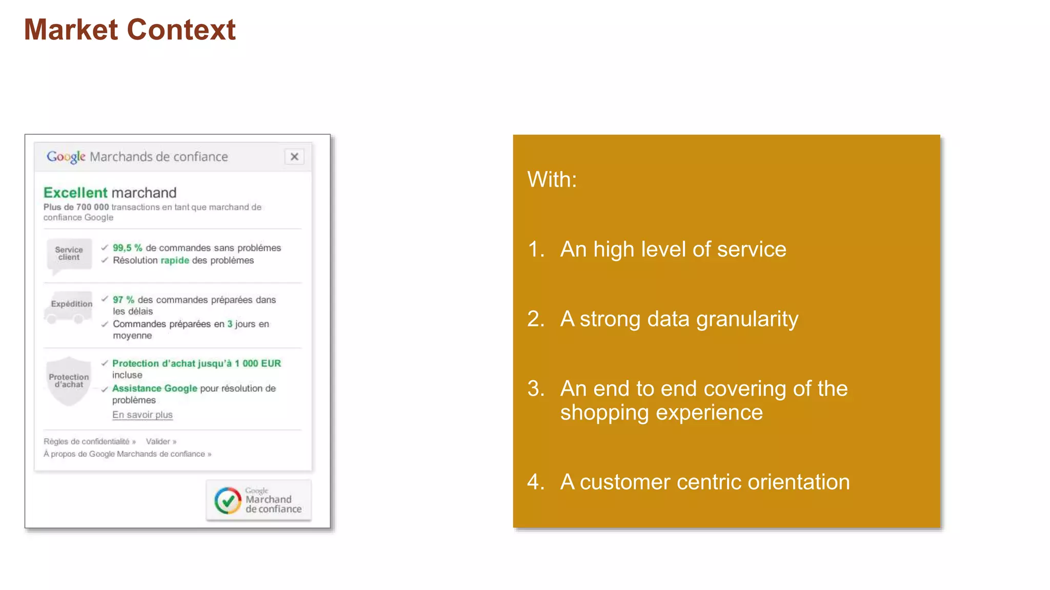 Market Context
With:
1. An high level of service
2. A strong data granularity
3. An end to end covering of the
shopping experience
4. A customer centric orientation
 