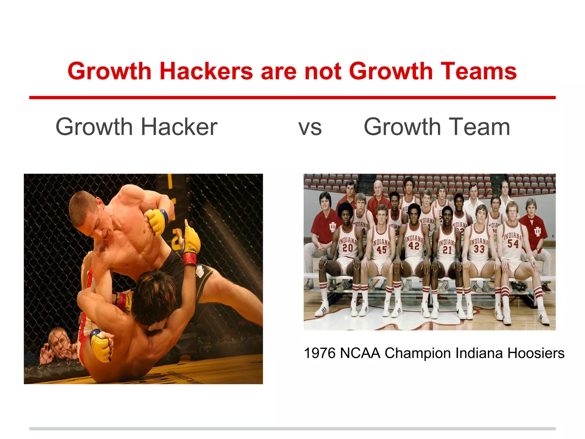 Growth Hackers are not Growth Teams
Growth Hacker vs Growth Team
1976 NCAA Champion Indiana Hoosiers
 
