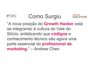 Como Surgiu
“A nova posição do Growth Hacker está
se integrando à cultura do Vale do
Silício, enfatizando que códigos e
conhecimento técnico são agora uma
parte essencial do profissional de
marketing.“ – Andrew Chen
 