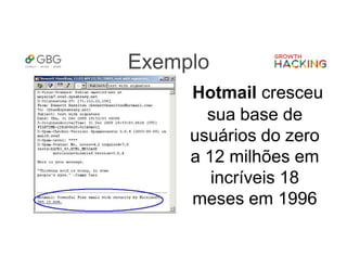 Exemplo
Hotmail cresceu
sua base de
usuários do zero
a 12 milhões em
incríveis 18
meses em 1996
 