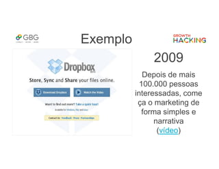 Exemplo
2009
Depois de mais
100.000 pessoas
interessadas, come
ça o marketing de
forma simples e
narrativa
(vídeo)
 