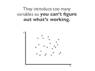 They introduce too many
variables so you can’t ﬁgure
out what’s working.
 