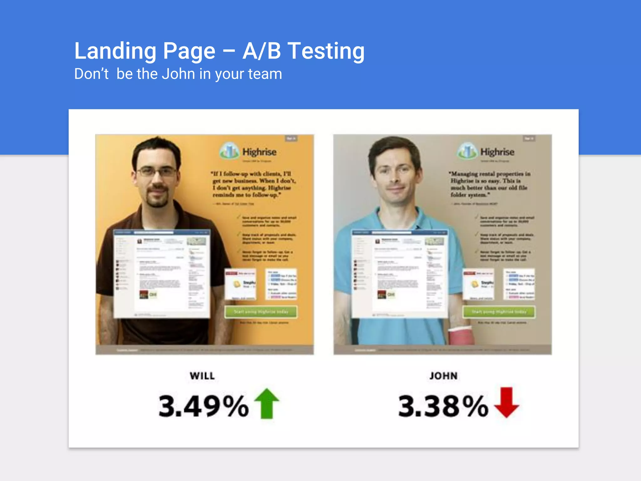 Landing Page – A/B Testing
Don’t be the John in your team
 