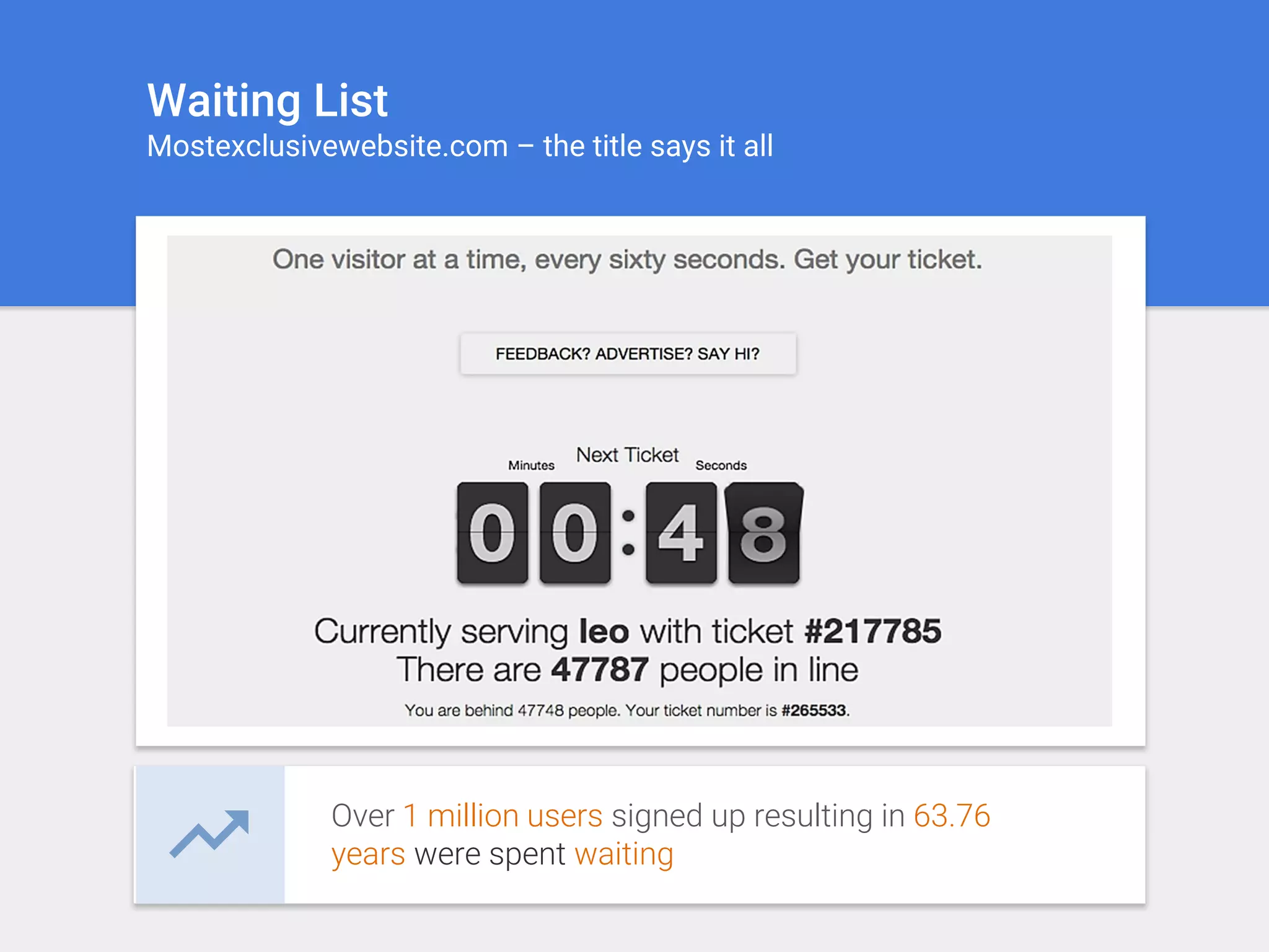 Waiting List
Mostexclusivewebsite.com – the title says it all
Over 1 million users signed up resulting in 63.76
years were spent waiting
 