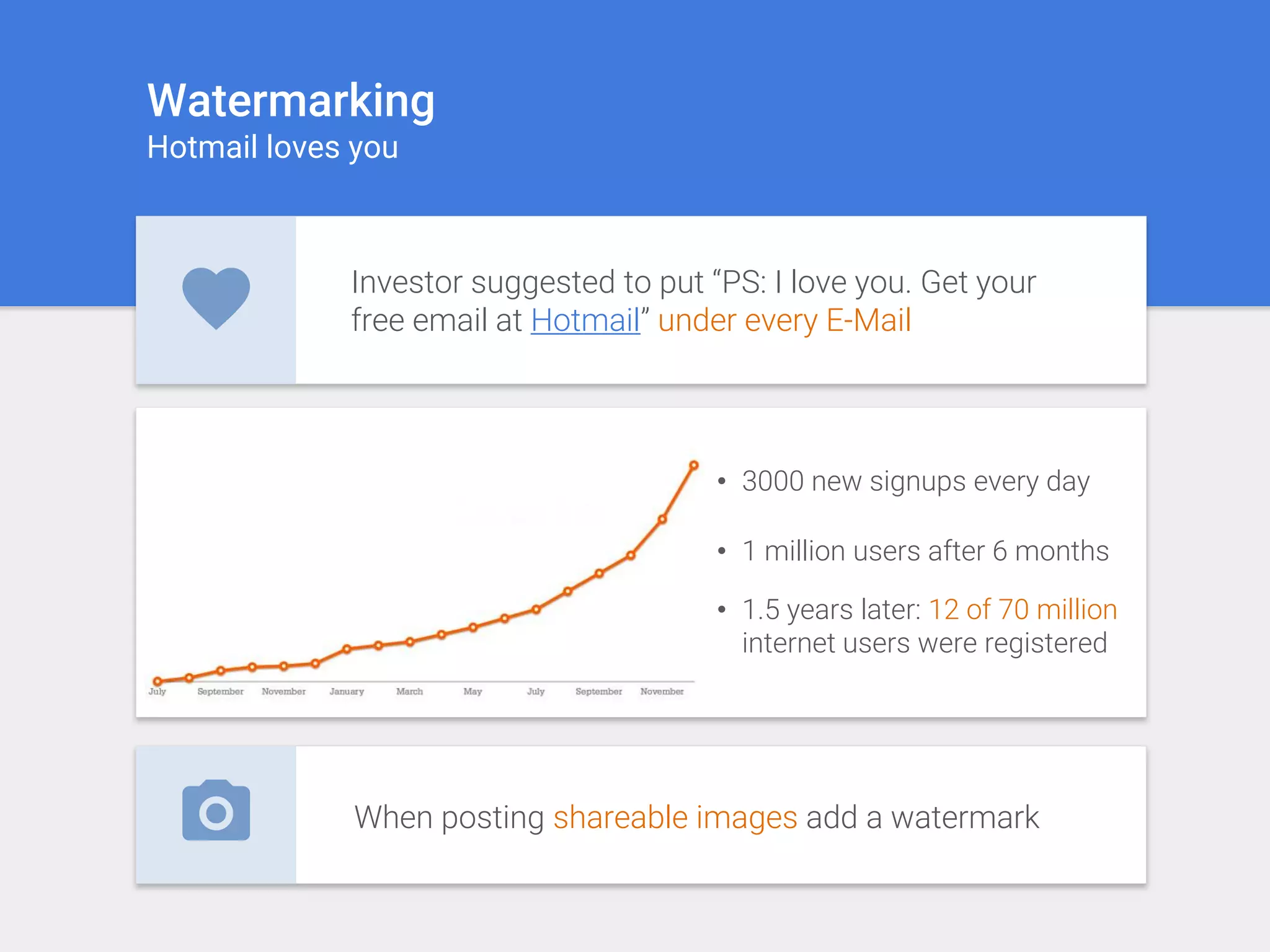 When posting shareable images add a watermark
Investor suggested to put “PS: I love you. Get your
free email at Hotmail” under every E-Mail
• 3000 new signups every day
• 1 million users after 6 months
• 1.5 years later: 12 of 70 million
internet users were registered
Watermarking
Hotmail loves you
 