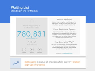 Waiting List
Standing in line for Mailbox
800k users in queue at once resulting in over 1 million
sign-ups in 6 weeks
 