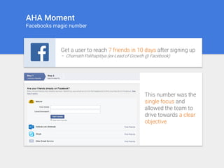 AHA Moment
Facebooks magic number
Get a user to reach 7 friends in 10 days after signing up
– Chamath Palihapitiya (ex-Lead of Growth @ Facebook)
This number was the
single focus and
allowed the team to
drive towards a clear
objective
 