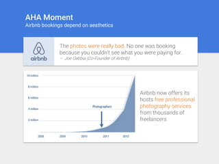 AHA Moment
Airbnb bookings depend on aesthetics
The photos were really bad. No one was booking
because you couldn't see what you were paying for.
– Joe Gebbia (Co-Founder of Airbnb)
Airbnb now offers its
hosts free professional
photography services
from thousands of
freelancers
 