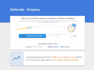 Referrals - Dropbox
Increased signups from 100k to 4 million users (60%)
in 15 months with about 2.8 million referral invites
 