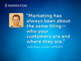 "Marketing has
always been about
the same thing —
who your
customers are and
where they are.“
Noah Kagan, Founder, APPSUMO

 