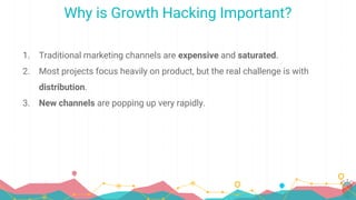Why is Growth Hacking Important?
1. Traditional marketing channels are expensive and saturated.
2. Most projects focus heavily on product, but the real challenge is with
distribution.
3. New channels are popping up very rapidly.
 