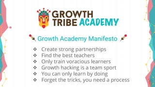 Growth Academy Manifesto
❖ Create strong partnerships
❖ Find the best teachers
❖ Only train voracious learners
❖ Growth hacking is a team sport
❖ You can only learn by doing
❖ Forget the tricks, you need a process
 
