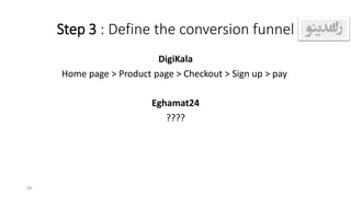 Step 3 : Define the conversion funnel
DigiKala
Home page > Product page > Checkout > Sign up > pay
Eghamat24
????
59
 