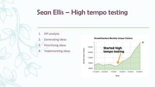 Sean Ellis – High tempo testing
1. KPI analysis
2. Generating Ideas
3. Prioritizing ideas
4. Implementing ideas
 