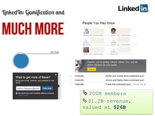LinkedIn: Gamiﬁcation and

MUCH MORE

Ä	
  200M members
Ä	
  $1.2B revenue,
valued at $26B
	
  

 