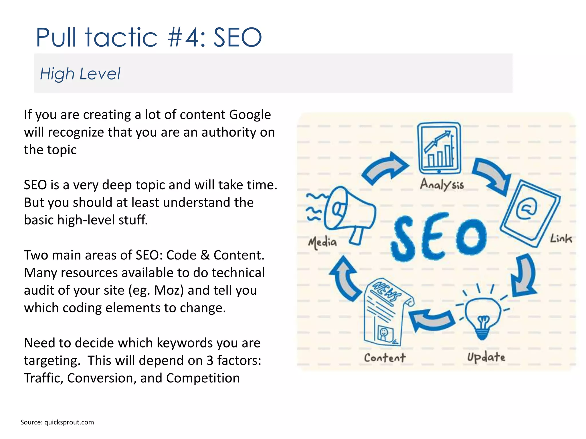 Pull tactic #4: SEO
High Level
If you are creating a lot of content Google
will recognize that you are an authority on
the topic

SEO is a very deep topic and will take time.
But you should at least understand the
basic high-level stuff.
Two main areas of SEO: Code & Content.
Many resources available to do technical
audit of your site (eg. Moz) and tell you
which coding elements to change.
Need to decide which keywords you are
targeting. This will depend on 3 factors:
Traffic, Conversion, and Competition
Source: quicksprout.com

 